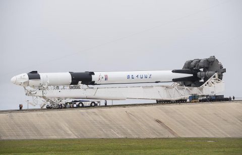 A SpaceX Falcon 9 rocket with the company's Crew Dragon spacecraft onboard is seen as it is rolled to the launch pad at Launch Complex 39A as preparations continue for the Demo-1 mission, Feb. 28, 2019 at NASA’s Kennedy Space Center in Florida. The Demo-1 mission will be the first launch of a commercially built and operated American spacecraft and space system designed for humans as part of NASA's Commercial Crew Program. (NASA/Joel Kowsky)