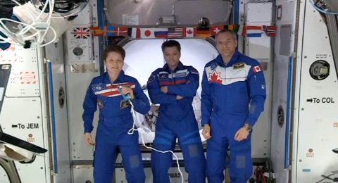 Expedition 58 crew members Anne McClain, David Saint-Jacques and Oleg Konenenko welcome the SpaceX Crew Dragon to the International Space Station after a successful docking on March 3, 2019, ushering in the era of NASA’s Commercial Crew Program. (NASA TV)