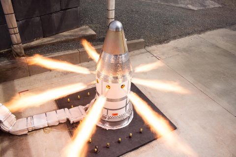 The attitude control motor fires during a test at Northrop Grumman’s facility in Elkton, MD. (Northrop Grumman)