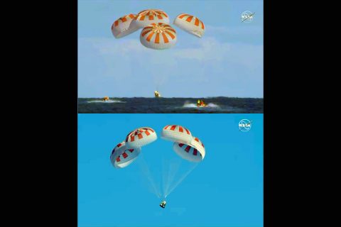 Completing an end-to-end uncrewed flight test, Demo-1, SpaceX’s Crew Dragon departed the International Space Station at 1:32am CST Friday, March 8, 2019, and splashed down at 8:45 a.m. in the Atlantic Ocean about 200 nautical miles off the Florida coast. (NASA Television)