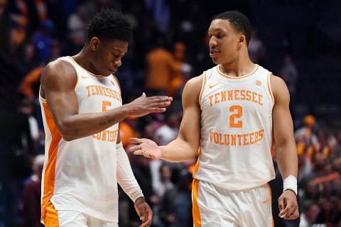 Tennessee Volunteers guard Admiral Schofield (5) and forward Grant Williams (2) celebrate after a win against the Mississippi State Bulldogs in the SEC conference tournament at Bridgestone Arena. (Christopher Hanewinckel-USA TODAY Sports)