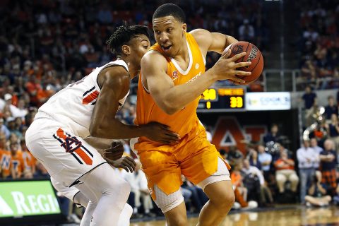 Tennessee Volunteers forward Grant Williams (2) drives against Auburn Tigers forward Anfernee McLemore (24) during the first half at Auburn Arena. (John Reed-USA TODAY Sports)