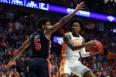 Tennessee Volunteers guard Jordan Bowden (23) makes a shot around Auburn Tigers forward Chuma Okeke (5) to end the first half in the SEC conference tournament championship game at Bridgestone Arena. (Christopher Hanewinckel-USA TODAY Sports)