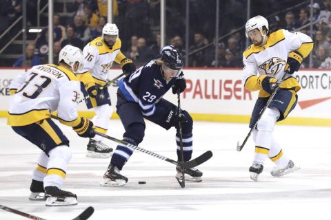 Winnipeg Jets right wing Patrik Laine (29) skates towards Nashville Predators right wing Viktor Arvidsson (33) in the first period at Bell MTS Place. (James Carey Lauder-USA TODAY Sports)