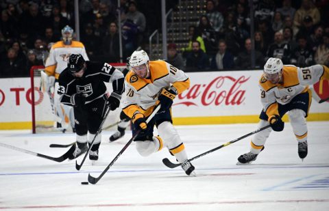 Nashville Predators center Colton Sissons (10) moves the puck against the Los Angeles Kings in the first period at Staples Center. (Kirby Lee-USA TODAY Sports)