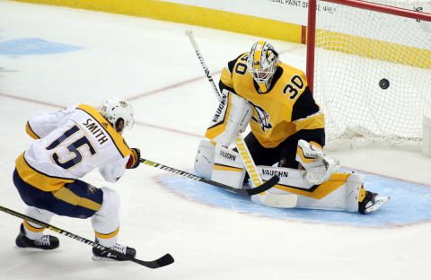 Pittsburgh Penguins goaltender Matt Murray (30) makes a save against Nashville Predators right wing Craig Smith (15) during the second period at PPG PAINTS Arena.  (Charles LeClaire-USA TODAY Sports)