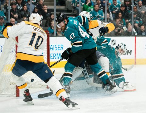 Nashville Predators center Colton Sissons (10) shoots and scores a goal against San Jose Sharks defenseman Joakim Ryan (47) in the first period at SAP Center at San Jose. (John Hefti-USA TODAY Sports)