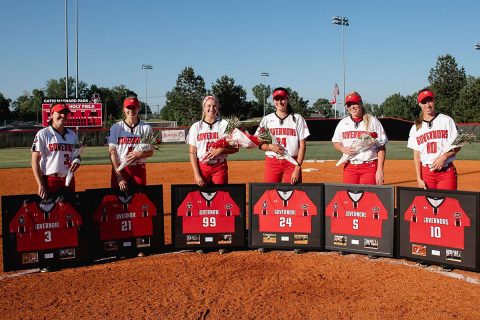 Austin Peay Softball honored seniors (L to R) Carly Mattson, Kacy Acree,Morgan Rackel, Kelly Mardones and Danielle Liermann and Natalie Schilling Sunday. (APSU Sports Information)