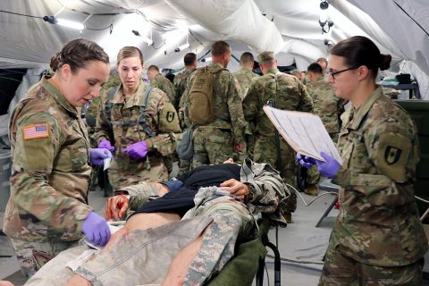 BACH Soldiers joined Soldiers from the Fort Campbell-based 586th Field Hospital for a training exercise, recently, aimed at readiness. A mass casualty drill, featuring role-players with realistic-looking wounds and injuries, tested the unit's ability to respond and triage patients to the appropriate level of care.  (U.S. Army photo by Maria Yager)