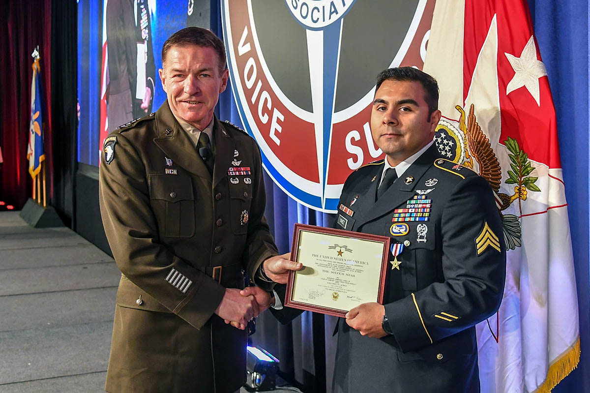 General James McConville, Vice Chief of Staff of the United States Army presents The Silver Star to Sgt. Armando Yanez during a ceremony at the Army Aviation Association of America Summit 2019 in Nashville, Tennessee April 16th, 2019. Yanez, who is assigned to Company C, 6th Battalion, 101st Combat Aviation Brigade, 101st Airborne Division (Air Assault), earned The Silver Star for heroic actions in support of U.S. Army forces in Afghanistan July 12th, 2018. (Sgt. Steven Lopez) General James McConville, Vice Chief of Staff of the United States Army presents The Silver Star to Sgt. Armando Yanez during a ceremony at the Army Aviation Association of America Summit 2019 in Nashville, Tennessee April 16th, 2019. Yanez, who is assigned to Company C, 6th Battalion, 101st Combat Aviation Brigade, 101st Airborne Division (Air Assault), earned The Silver Star for heroic actions in support of U.S. Army forces in Afghanistan July 12th, 2018. (Sgt. Steven Lopez)