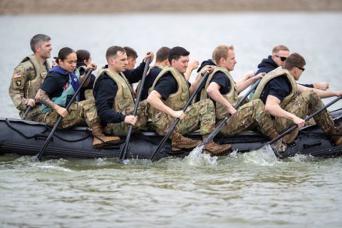  The Austin Peay State University ROTC Ranger Challenge team practices on a Zodiac boat at Liberty Park in Clarksville a week before the Sandhurst competition April 12th-13th at West Point, New York. (Benny Little, APSU)