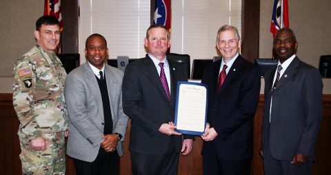 Montgomery County Mayor Jim Durrett and Clarksville Mayor Joe Pitts (holding proclamation) were joined Monday at the 2020 Census kickoff ceremony by, from left, Col. Joseph Kuchen, Fort Campbell Garrison Commander; CMCSS Schools Director Millard House; and retired Lt. Gen. Ronald Bailey, APSU vice president for external affairs.