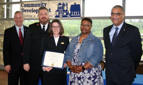 Clarksville Mayor Joe Pitts and Keith Lampkin, director of the Clarksville Office of Housing & Community Development, present a Certificate of Appreciation to the the Salvation Army on Thursday at a breakfast  to honor  Clarksville’s service providers who fight homelessness and hunger. Also honored were Urban Ministries; Manna Café; The Salvation Army and Serenity House; Flourishing Families; the Community Action Agency; and the Green Hill Development Corporation. 