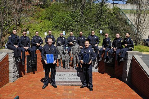 Clarksville Police Officers (Back L to R)  Holly Muckelroy, Nicholas Johnson, Jeffrey Novenario, Elijah Gibbons, R.J. Raikes, Casey Headley, Jeremy Chisenhall, Ethan Weaver, Bryan Hughes, Caleb Payne, Rosa Hyatt. (Front L to R) Reid Joffer and Tyler Eller. (Jim Knoll, Clarksville Police)