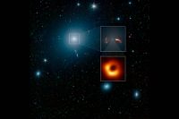 This wide-field image of the galaxy M87 was taken by NASA’s Spitzer Space Telescope. The top inset shows a close-up of two shockwaves, created by a jet emanating from the galaxy’s supermassive black hole. The Event Horizon Telescope recently took a close-up image of the silhouette of that black hole, show in the second inset. (NASA/JPL-Caltech/Event Horizon Telescope Collaboration)