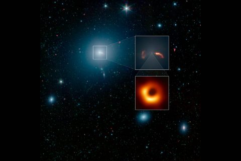 This wide-field image of the galaxy M87 was taken by NASA's Spitzer Space Telescope. The top inset shows a close-up of two shockwaves, created by a jet emanating from the galaxy's supermassive black hole. The Event Horizon Telescope recently took a close-up image of the silhouette of that black hole, show in the second inset. (NASA/JPL-Caltech/Event Horizon Telescope Collaboration)