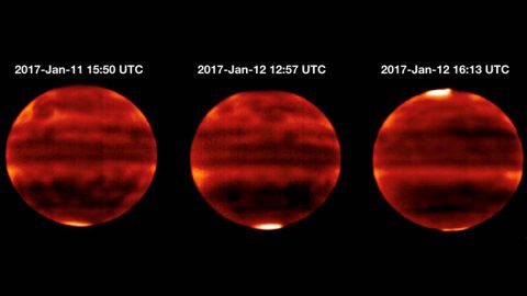 Sensitive to Jupiter's stratospheric temperatures, these infrared images were recorded by the Cooled Mid-Infrared Camera and Spectrograph (COMICS) at the Subaru Telescope on the summit of Mauna Kea, Hawaii. Areas that are more yellow and red indicate the hotter regions. (NAOJ and NASA/JPL-Caltech) Sensitive to Jupiter's stratospheric temperatures, these infrared images were recorded by the Cooled Mid-Infrared Camera and Spectrograph (COMICS) at the Subaru Telescope on the summit of Mauna Kea, Hawaii. Areas that are more yellow and red indicate the hotter regions. (NAOJ and NASA/JPL-Caltech)