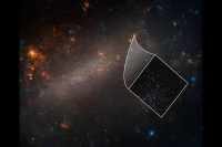 This is a ground-based telescope’s view of the Large Magellanic Cloud, a satellite galaxy of our Milky Way. The inset image, taken by the Hubble Space Telescope, reveals one of many star clusters scattered throughout the dwarf galaxy. The cluster members include a special class of pulsating star called a Cepheid variable, which brightens and dims at a predictable rate that corresponds to its intrinsic brightness. (NASA, ESA, A. Riess (STScI/JHU) and Palomar Digitized Sky Survey)
