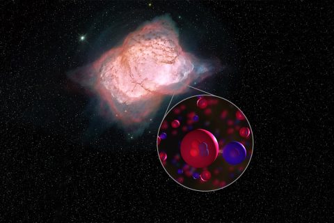 Illustration of planetary nebula NGC 7027 and helium hydride molecules. In this planetary nebula, SOFIA detected helium hydride, a combination of helium (red) and hydrogen (blue), which was the first type of molecule to ever form in the early universe. This is the first time helium hydride has been found in the modern universe. (NASA/SOFIA/L. Proudfit/D.Rutter)