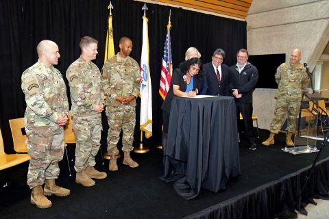 Dr. Padma Raghavan, the Vice Provost for research for Vanderbilt University, signs the Educational Partnership Agreement between Army Futures Command and Vanderbilt April 9th in Nashville. The agreement, the first of its kind since AFC was established in 2018, was overseen by Command Sgt. Maj. Michael Crosby, the senior enlisted advisor for AFC, and Col. John Cogbill, commander of 3rd Brigade Combat Team, 101st Airborne Division (Air Assault). (Staff Sgt. Cody Harding, 3rd BCT Public Affairs) 