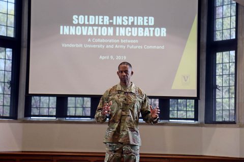 Command Sgt. Maj. Michael Crosby, the senior enlisted advisor for Army Futures Command, speaks to a collection of Leaders from 3rd Brigade Combat Team, 101st Airborne Division (Air Assault) and professors from Vanderbilt University about Soldier-Inspired Innovation at Alumni Hall April 9th. (Staff Sgt. Cody Harding, 3rd BCT Public Affairs) Command Sgt. Maj. Michael Crosby, the senior enlisted advisor for Army Futures Command, speaks to a collection of Leaders from 3rd Brigade Combat Team, 101st Airborne Division (Air Assault) and professors from Vanderbilt University about Soldier-Inspired Innovation at Alumni Hall April 9th. (Staff Sgt. Cody Harding, 3rd BCT Public Affairs)