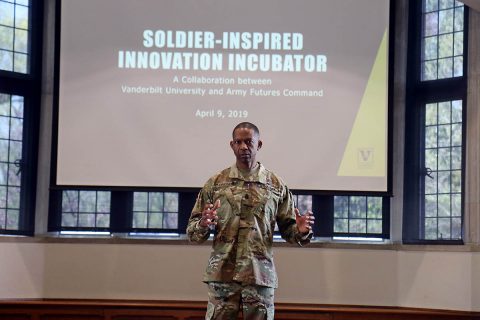 Command Sgt. Maj. Michael Crosby, the senior enlisted advisor for Army Futures Command, speaks to a collection of Leaders from 3rd Brigade Combat Team, 101st Airborne Division (Air Assault) and professors from Vanderbilt University about Soldier-Inspired Innovation at Alumni Hall April 9th. (Staff Sgt. Cody Harding, 3rd BCT Public Affairs) 