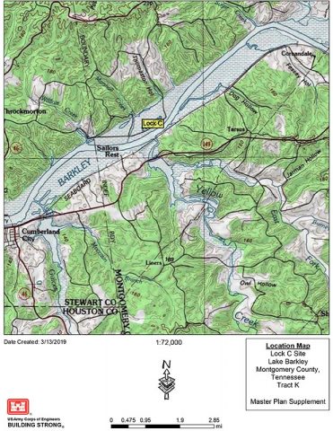 This is a map showing the location of Lock C on the Cumberland River in Montgomery County, Tennessee. (U.S. Army Corps of Engineers, Nashville District)