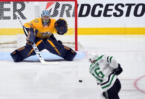 Nashville Predators goaltender Pekka Rinne (35) is unable to stop a slap shot from Dallas Stars center Jason Dickinson (16) during the third period in game five of the first round of the 2019 Stanley Cup Playoffs at Bridgestone Arena.&nbsp; (Christopher Hanewinckel-USA TODAY Sports)