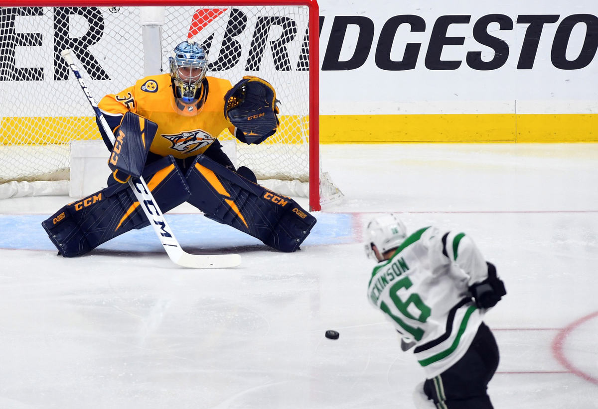 Apr 20, 2019; Nashville, TN, USA; Nashville Predators goaltender Pekka Rinne (35) is unable to stop a slap shot from Dallas Stars center Jason Dickinson (16) during the third period in game five of the first round of the 2019 Stanley Cup Playoffs at Bridgestone Arena. Mandatory Credit: Christopher Hanewinckel-USA TODAY Sports