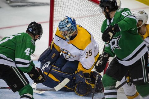 Nashville Predators goaltender Pekka Rinne (35) defends against Dallas Stars right wing Alexander Radulov (47) and center Tyler Seguin (91) during the third period in game three of the first round of the 2019 Stanley Cup Playoffs at American Airlines Center. (Jerome Miron-USA TODAY Sports)