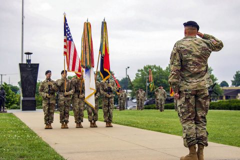 Command Sgt. Maj. Bryan D. Barker, incoming senior enlisted advisor for the 101st Airborne Division (Air Assault, salutes the colors during his assumption of responsibility ceremony May 10, Fort Campbell, Kentucky. Barker enlisted in the Army in 1996 and has served in various positions, from rifleman to Command Sgt. Maj. throughout his career. (Spc. Andrew Jo, 101st Airborne Division) 