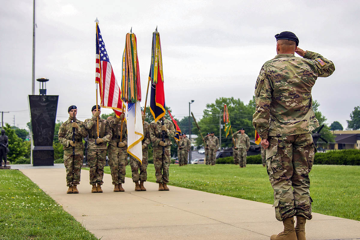 Command Sgt. Maj. Bryan D. Barker, incoming senior enlisted advisor for the 101st Airborne Division (Air Assault, salutes the colors during his assumption of responsibility ceremony May 10, Fort Campbell, Kentucky. Barker enlisted in the Army in 1996 and has served in various positions, from rifleman to Command Sgt. Maj. throughout his career. (Spc. Andrew Jo, 101st Airborne Division)
