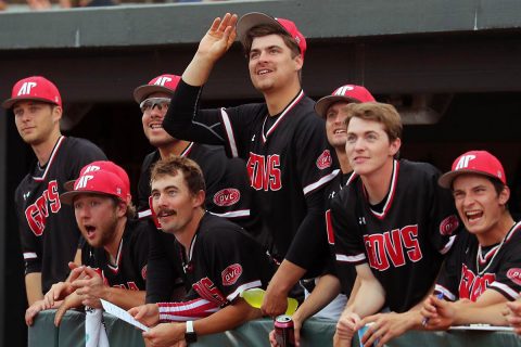 The Austin Peay Baseball team watches solo home run by Parker Phillips against Jacksonville Friday night at Raymond C. Hand Park. (Robert Smith, APSU Sports Information)