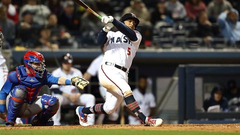 Nashville Sounds left fielder Willie Calhoun hits a solo homerun in the sixth inning in loss to Omaha Storm Chasers Thursday night at First Tennessee Park. (Nashville Sounds)