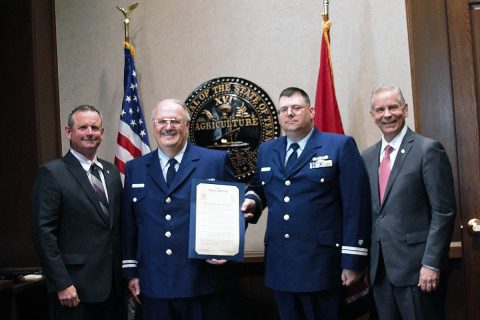 (L to R) Montgomery County Mayor Jim Durett, Dale Leighton, Flotilla Commander Flotilla 11-07 and William Welty, IMP Flotilla Commander Flotilla 11-07 and City of Clarksville Mayor Joe Pitts.