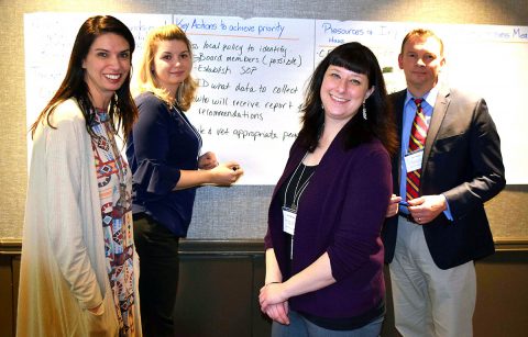 Misty Leitsch, Zero Suicide Director, Tennessee Suicide Prevention Network, and members of the Clarksville Suicide Prevention Alliance, work on plans to bring more suicide prevention training to the Clarksville community. Leitsch has already completed training sessions for the City of Clarksville workforce. (L to R) Kara Merriam, Centerstone, Clarksville; Leitsch; Carrie Brensike, Tennessee Valley VA.; and Joey Smith; Montgomery County Health Director. 