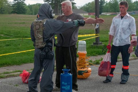 U.S. Army Soldiers assigned to the 501st Area Support Medical Company, based in Fort Campbell, Kentucky, conduct decontamination operations and medical evaluations during Guardian Response 2019 at Muscatatuck Urban Training Center in Indiana, May 1st, 2019. (Staff Sgt. Eric W. Jones, Army Reserve Medical Command)