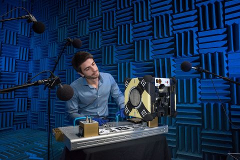 The sound of buzzing bees can be bothersome and the same is true with robots! To verify that Astrobee’s hardware works within the International Space Station’s noise limits, Roberto Carlino, electronics and integration engineer at NASA’s Ames Research Center in Silicon Valley conducts acoustics testing in an anechoic chamber at NASA’s Johnson Space Center, Houston. (NASA’s Johnson Space Center/Robert Markowitz)