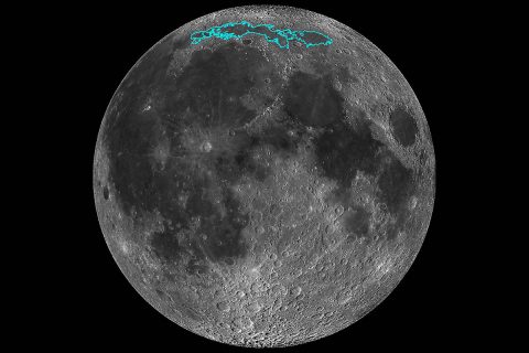 New surface features of the Moon have been discovered in a region called Mare Frigoris, outlined here in teal. This image is a mosaic composed of many images taken by NASA's Lunar Reconnaissance Orbiter (LRO). (NASA) New surface features of the Moon have been discovered in a region called Mare Frigoris, outlined here in teal. This image is a mosaic composed of many images taken by NASA's Lunar Reconnaissance Orbiter (LRO). (NASA)