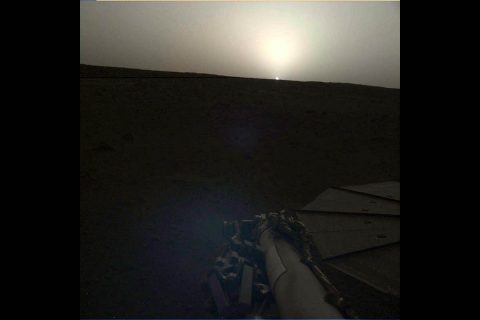 NASA's InSight lander used the Instrument Deployment Camera (IDC) on the end of its robotic arm to image this sunset on Mars. This color-corrected version more accurately shows the image as the human eye would see it. (NASA/JPL-Caltech)