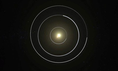 An overhead view of the orbital configuration of the Kepler-47 circumbinary planet system. (NASA/JPL Caltech/T. Pyle)