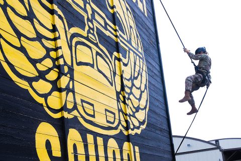 Capt. Lisa Kasper, an Emergency Room Nurse assigned to 3rd Brigade Combat Team, 101st Airborne Division (Air Assault), rappels from the 34-foot tower, at the Sabalauski Air Assault School at Fort Campbell, KY, May 1st. (U.S. Army photo by Maj. John J. Moore) 