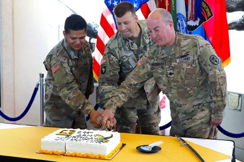 Col. Clair Gill (center), 101st Airborne Division (Air Assault) Deputy Commander, Support, is joined by Fort Campbell's oldest Soldier, Lt. Col. John McDonough (right), assigned to Blanchfield Army Community Hospital, and youngest Soldier, Pvt. Justin Davila (left), of 2nd Battalion, 44th Air Defense Artillery Regiment for a cake cutting ceremony marking the 244th Army Birthday. (Maria Yager, Blanchfield Army Community Hospital) Col. Clair Gill (center), 101st Airborne Division (Air Assault) Deputy Commander, Support, is joined by Fort Campbell's oldest Soldier, Lt. Col. John McDonough (right), assigned to Blanchfield Army Community Hospital, and youngest Soldier, Pvt. Justin Davila (left), of 2nd Battalion, 44th Air Defense Artillery Regiment for a cake cutting ceremony marking the 244th Army Birthday. (Maria Yager, Blanchfield Army Community Hospital)