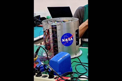 Oelgoetz, Hill and Givens’ experiment awaits inspection during Rocket Week at NASA’s Wallops Flight Facility in Virginia. (APSU)