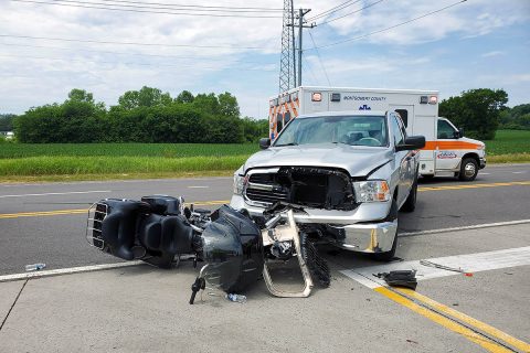 According to Clarksville Police, a Dodge Ram truck turned in front of a Harley Davidson motorcycle on Trenton road early this afternoon. (Officer Van Beber, CPD)