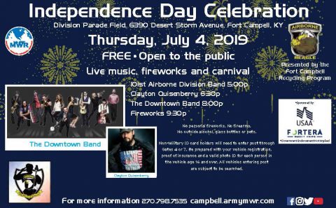 Fort Campbell Independence Day Concerts, Fireworks set for Thursdat, July 4th, 2019.