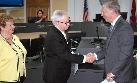 Gary Norris is congratulated by Clarksville Mayor Joe Pitts on being elected Clarksville City Council Councilman for Ward 11.