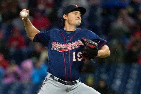 Minnesota Twins relief pitcher Ryne Harper (19) throws a pitch during the first inning against the Philadelphia Phillies at Citizens Bank Park. (Bill Streicher-USA TODAY Sports)