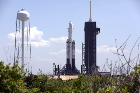 A SpaceX Falcon Heavy rocket is ready for launch on the pad at Launch Complex 39A at NASA's Kennedy Space Center in Florida on June 24, 2019. SpaceX and the U.S. Department of Defense will launch two dozen satellites to space, including four NASA payloads that are part of the Space Test Program-2, managed by the U.S. (NASA/Kim Shiflett)