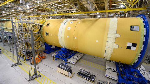 The forward part and liquid hydrogen tank for the core stage were connected to form most of the massive core stage that will propel the SLS rocket on the first Artemis 1 mission to the Moon. (NASA/Eric Bordelon)